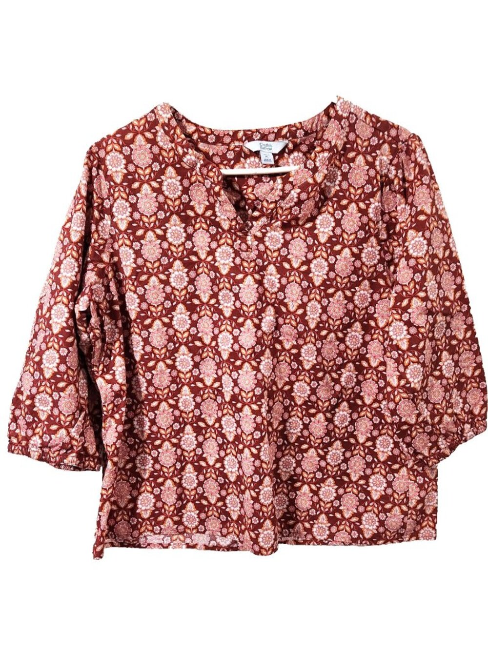 Croft & Barrow 3/4 Sleeve Blouse Women's Orange Brown Floral Split Neck Size PL